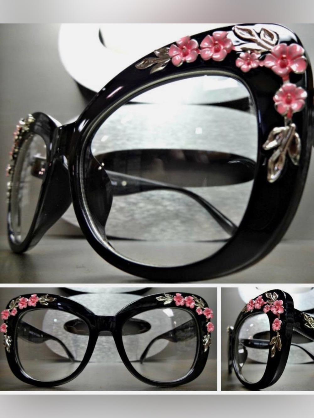 VINTAGE RETRO Style Clear Lens EYE GLASSES Large Black Frame Silver Pink Floral